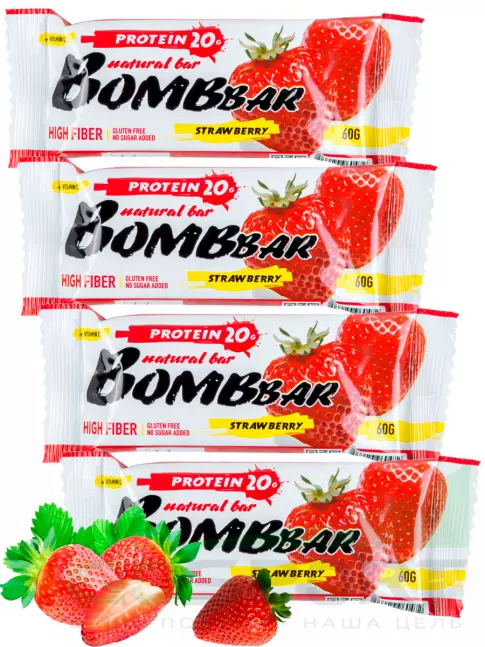 Протеиновый батончик BombBar Protein Bar 4 x 60 г, Клубника Протеиновый батончик BombBar Protein Bar 4 x 60 г, Клубника