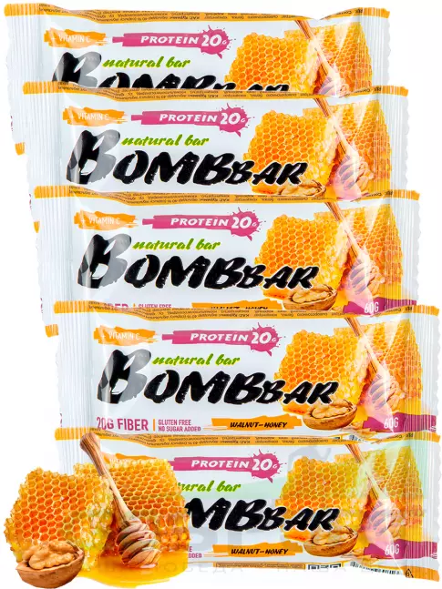 Протеиновый батончик BombBar Протеиновый батончик Natural Bar 5 x 60 г, Грецкий орех с медом