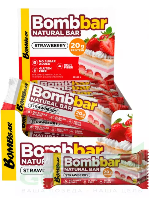 Протеиновый батончик BombBar Протеиновый батончик Natural Bar 20 x 60 г, Клубника Протеиновый батончик BombBar Протеиновый батончик Natural Bar 20 x 60 г, Клубника