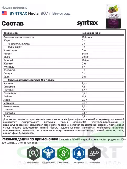 Изолят протеина SYNTRAX Nectar 907 г, Виноград Изолят протеина SYNTRAX Nectar 907 г, Виноград