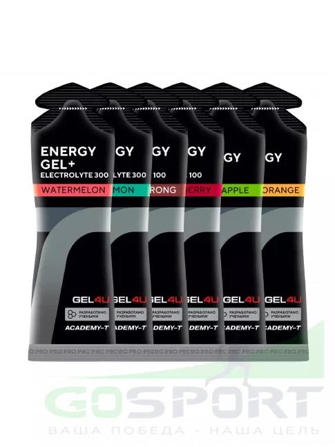 Гель питьевой GEL4U Energy Gel MIX 6 x 60 г, Апельсин, Яблоко, Лимон и Мята, Соленый Арбуз, Виш