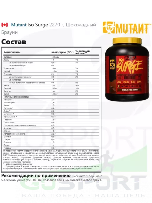Изолят протеина Mutant Iso Surge 2270 г, Шоколадный Брауни Изолят протеина Mutant Iso Surge 2270 г, Шоколадный Брауни