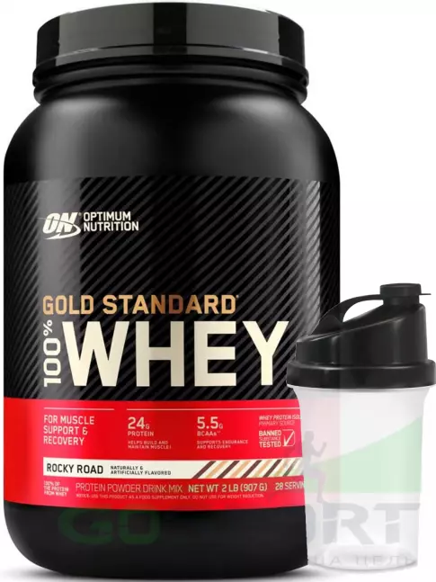 Сывороточный протеин Optimum Nutrition 100% Whey Gold Standard 907 г + шейкер, Шоколадный Рокки Роуд