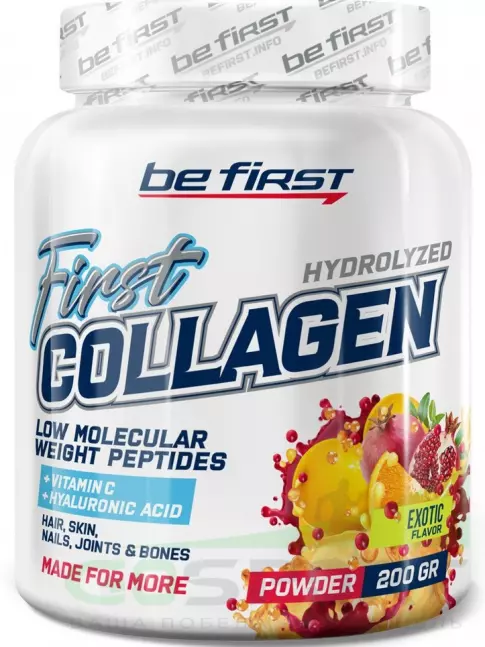 Коллаген гидролизованный Be First First Collagen 5300 mg + biotin + hyaluronic acid + vitamin C 200 г, Экзотик Коллаген гидролизованный Be First First Collagen 5300 mg + biotin + hyaluronic acid + vitamin C 200 г, Экзотик