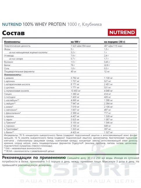 Сывороточный протеин NUTREND 100% Whey Protein 1000 г, Клубника Сывороточный протеин NUTREND 100% Whey Protein 1000 г, Клубника