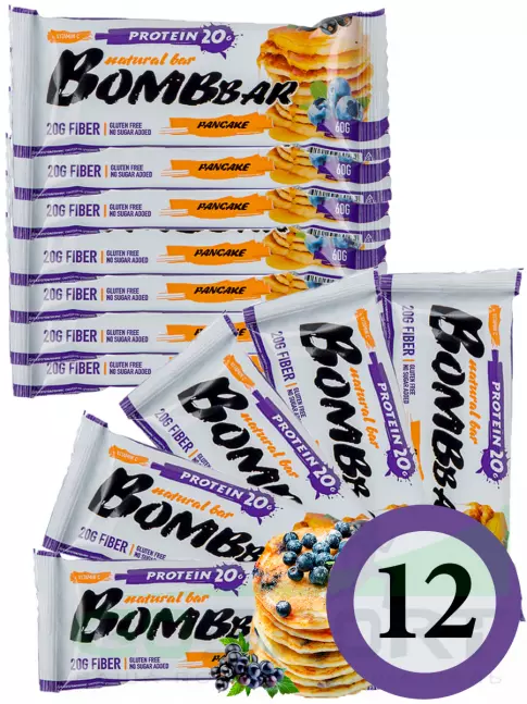Протеиновый батончик BombBar Protein Bar 12 x 60 г, Смородиново-черничный панкейк Протеиновый батончик BombBar Protein Bar 12 x 60 г, Смородиново-черничный панкейк