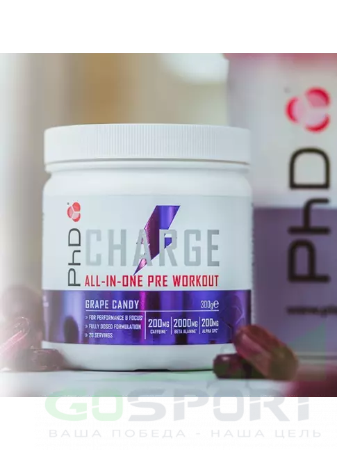 Предтреник в порошке PhD Nutrition Предтренировочный комплекс charge 300 г, Виноградные конфеты Предтреник в порошке PhD Nutrition Предтренировочный комплекс charge 300 г, Виноградные конфеты