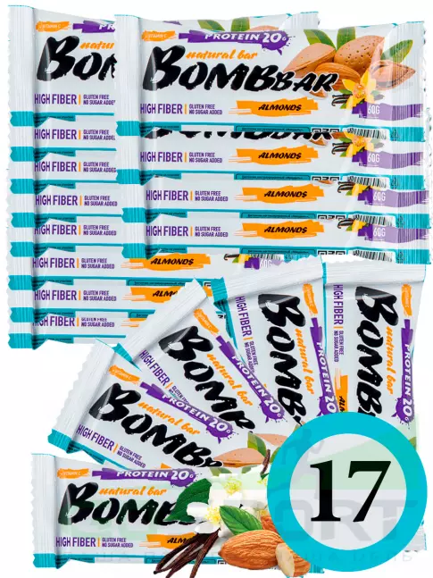 Протеиновый батончик BombBar Protein Bar 17 x 60 г, Миндаль-ваниль