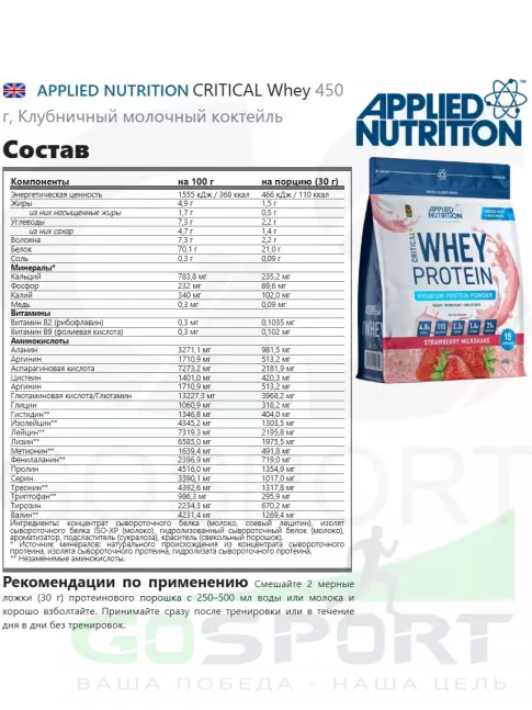 Сывороточный протеин APPLIED NUTRITION CRITICAL Whey 450 г, Клубничный молочный коктейль Сывороточный протеин APPLIED NUTRITION CRITICAL Whey 450 г, Клубничный молочный коктейль