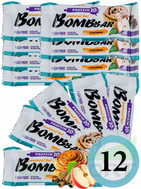 Протеиновый батончик BombBar Protein Bar 12 x 60 г, Яблоко - Корица Протеиновый батончик BombBar Protein Bar 12 x 60 г, Яблоко - Корица