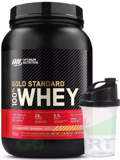 Сывороточный протеин Optimum Nutrition 100% Whey Gold Standard 907 г + шейкер, Клубника - Банан Сывороточный протеин Optimum Nutrition 100% Whey Gold Standard 907 г + шейкер, Клубника - Банан