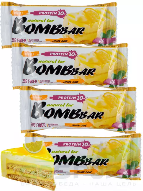 Протеиновый батончик BombBar Protein Bar 4 x 60 г, Лимонный торт Протеиновый батончик BombBar Protein Bar 4 x 60 г, Лимонный торт