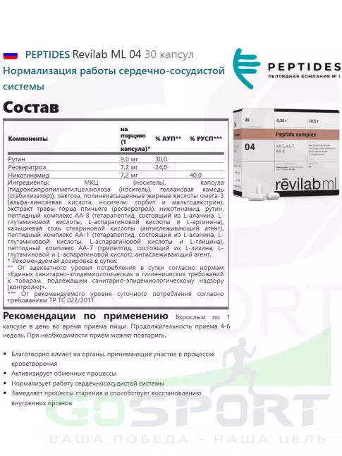 Пептиды Хавинсона PEPTIDES Revilab ML 04 30 капсул
