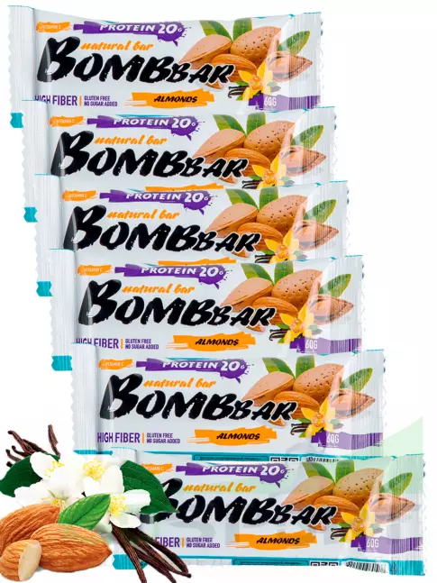Протеиновый батончик BombBar Protein Bar 6 x 60 г, Миндаль-ваниль Протеиновый батончик BombBar Protein Bar 6 x 60 г, Миндаль-ваниль