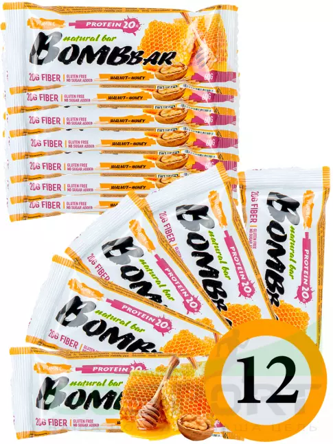 Протеиновый батончик BombBar Protein Bar 12 x 60 г, Грецкий орех с медом Протеиновый батончик BombBar Protein Bar 12 x 60 г, Грецкий орех с медом