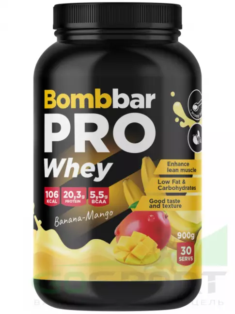 Сывороточный протеин BombBar Whey Protein Pro 900 г, Банан - манго Сывороточный протеин BombBar Whey Protein Pro 900 г, Банан - манго
