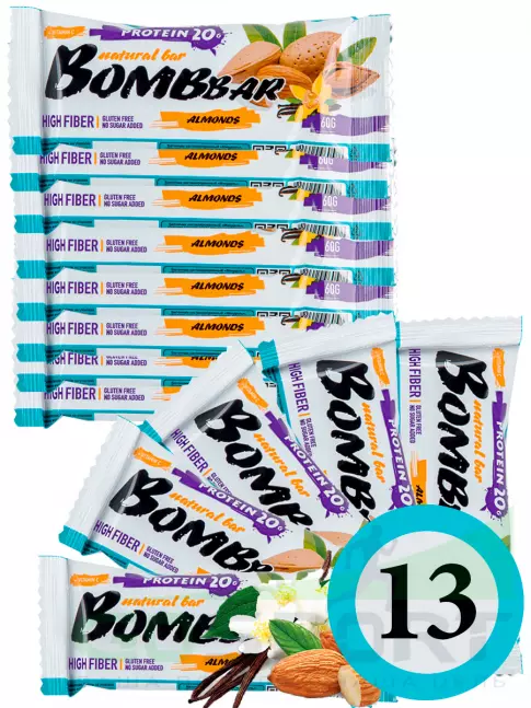 Протеиновый батончик BombBar Protein Bar 13 x 60 г, Миндаль-ваниль Протеиновый батончик BombBar Protein Bar 13 x 60 г, Миндаль-ваниль