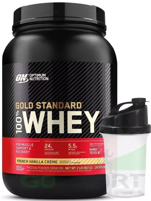 Сывороточный протеин Optimum Nutrition 100% Whey Gold Standard 907 г + шейкер, Французская ваниль крем Сывороточный протеин Optimum Nutrition 100% Whey Gold Standard 907 г + шейкер, Французская ваниль крем