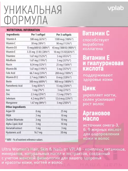 Витамины для женщин VP Laboratory Ultra Women’s Hair, Skin, Nails 90 капсул