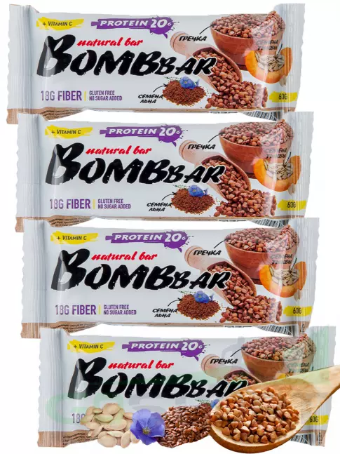 Протеиновый батончик BombBar Protein Bar 4 x 60 г, Гречишный Протеиновый батончик BombBar Protein Bar 4 x 60 г, Гречишный