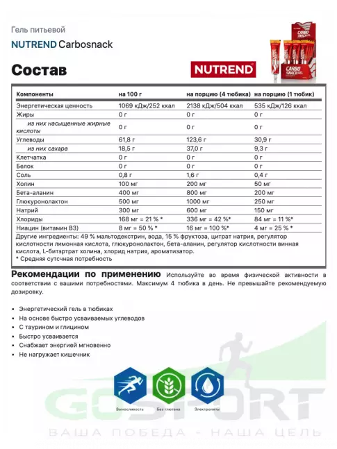 Гель питьевой NUTREND Carbosnack туба 50 г, Лимон Гель питьевой NUTREND Carbosnack туба 50 г, Лимон