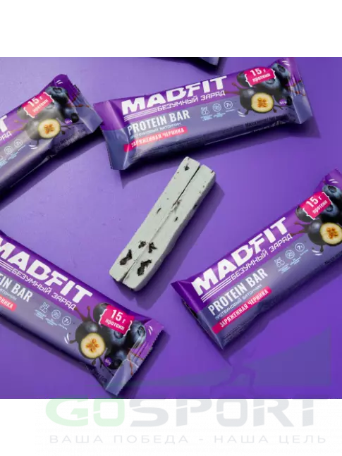 Протеиновый батончик Madfit Батончик неглазированный Protein bar 50 г, Заряженная черника Протеиновый батончик Madfit Батончик неглазированный Protein bar 50 г, Заряженная черника