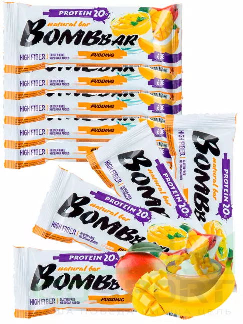 Протеиновый батончик BombBar Protein Bar 9 x 60 г, Пудинг с ароматом манго и банана Протеиновый батончик BombBar Protein Bar 9 x 60 г, Пудинг с ароматом манго и банана